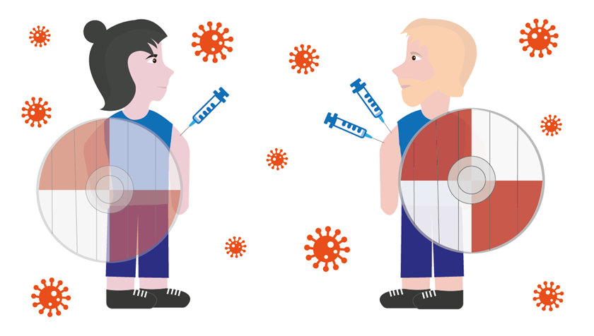 To personer holder hver et rundt skjold. Den ene er vaccineret én gang og har derfor et skrøbeligt skjold. Den anden er vaccineret to gange og har derfor et stærkere skjold.