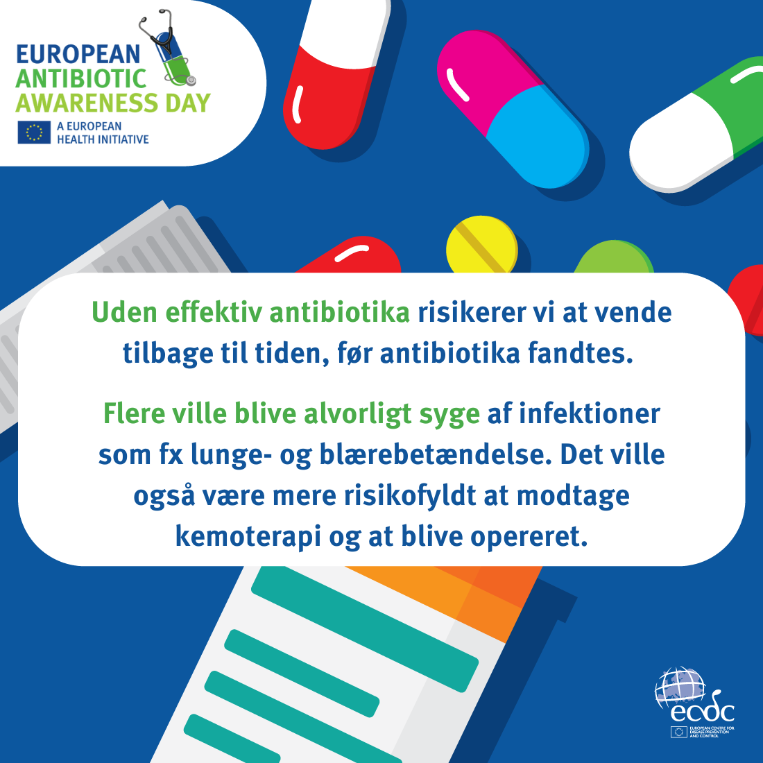 Banner med teksten: Uden effektiv antibiotika risikerer vi at vende tilbage til tiden før antibiotika fandtes.   Flere ville blive alvorligt syge af infektioner som fx lunge- og blærebetændelse. Det ville også være mere risikofyldt at modtage kemoterapi og at blive opereret.